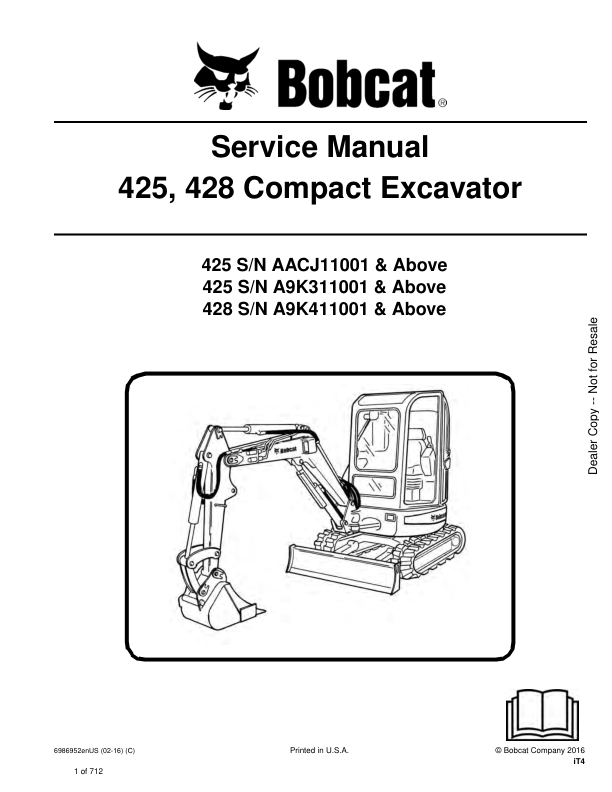 Bobcat 425, 428 Compact Excavator Repair Manual
