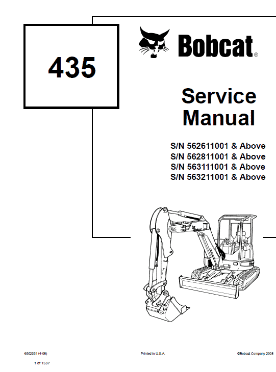 Bobcat 435 Compact Excavator Repair Manual