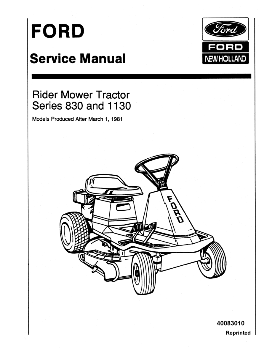 Ford 830, 1130 Rider Mower Tractor Repair Manual