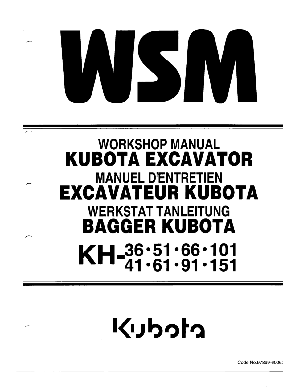 Kubota KH36, KH41, KH51, KH61 Excavator Workshop Repair Manual