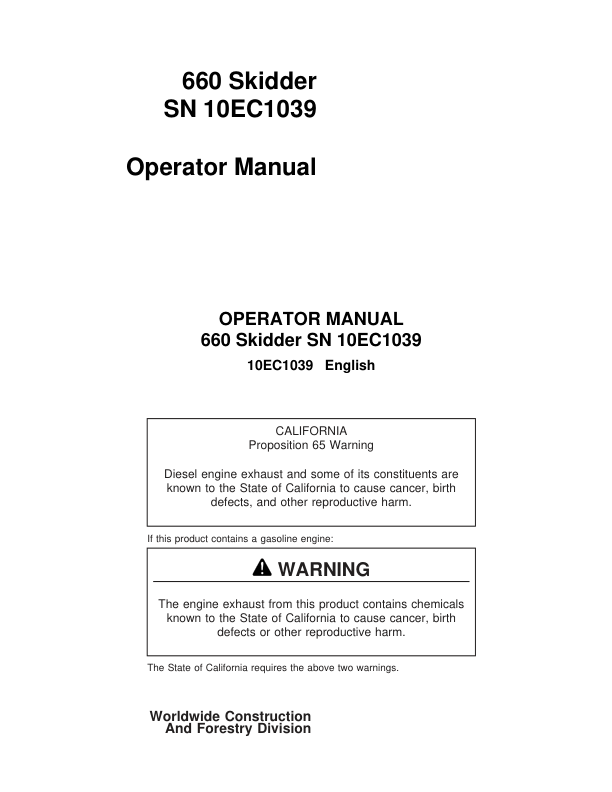 John Deere 660 Skidders Operator's Manuals (10EC1039)