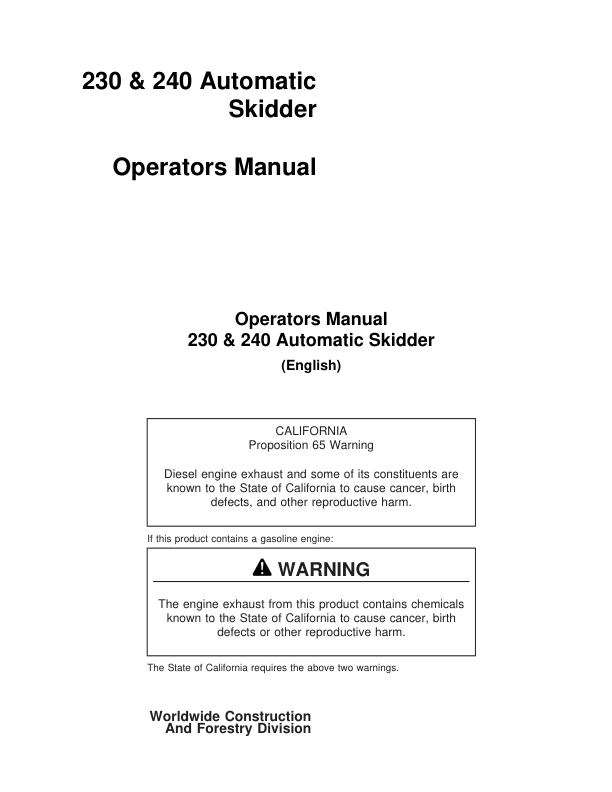 John Deere 230D, 240D Skidders Operator's Manuals (230DAUTO)