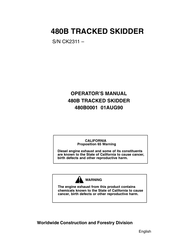 John Deere 480B Skidders Operator's Manuals (480B0001)