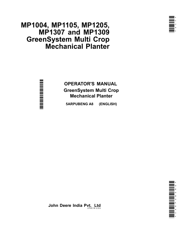 John Deere MP1004, MP1105, MP1205, MP1307, MP1309 GreenSystem Multi Crop Mechanical Planter Operator's Manual (5ARPUBENG)