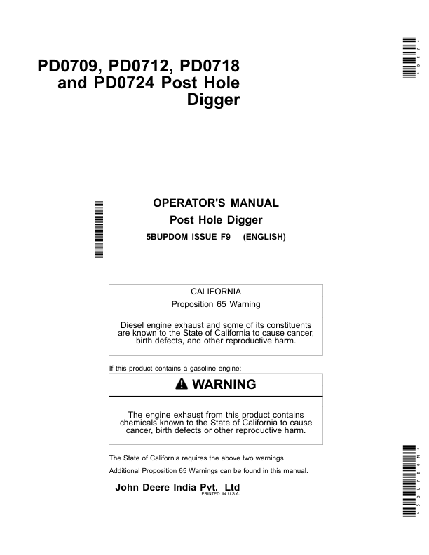 John Deere PD0709, PD0712, PD0718, PD0724 Post Hole Digger Operator's Manual (5BUPDOM)