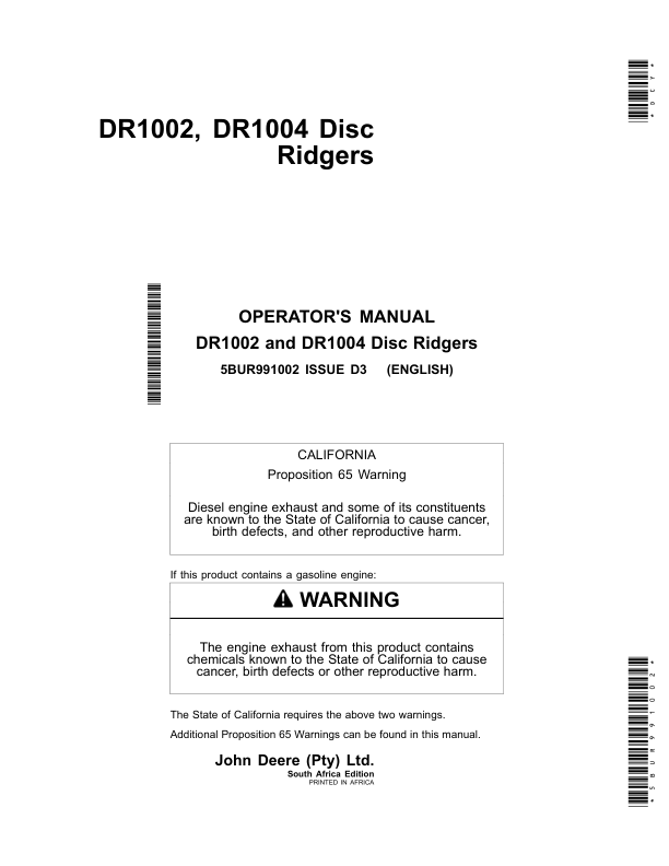 John Deere DR1002, DR1004 Disc Ridger Operator's Manual (5BUR991002)
