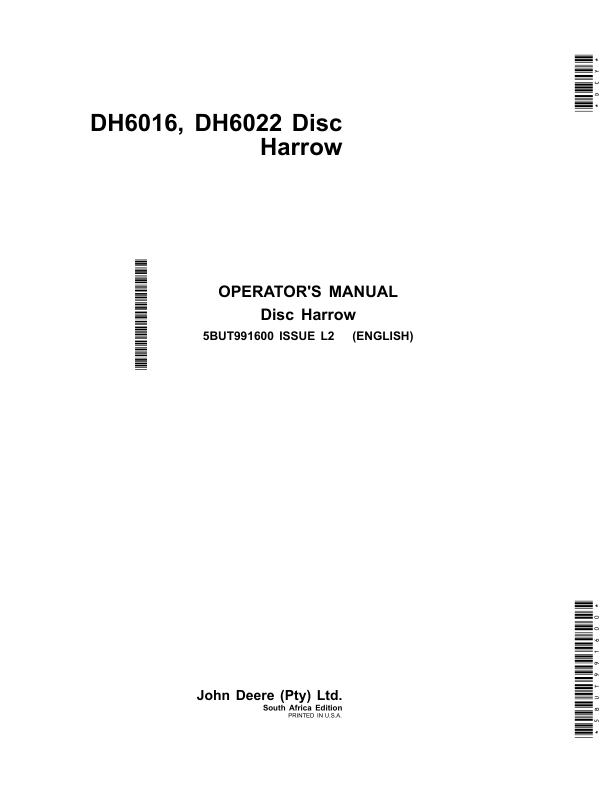 John Deere DH6016 & DH6022 Disc Harrows Operator's Manual (5BUT991600)