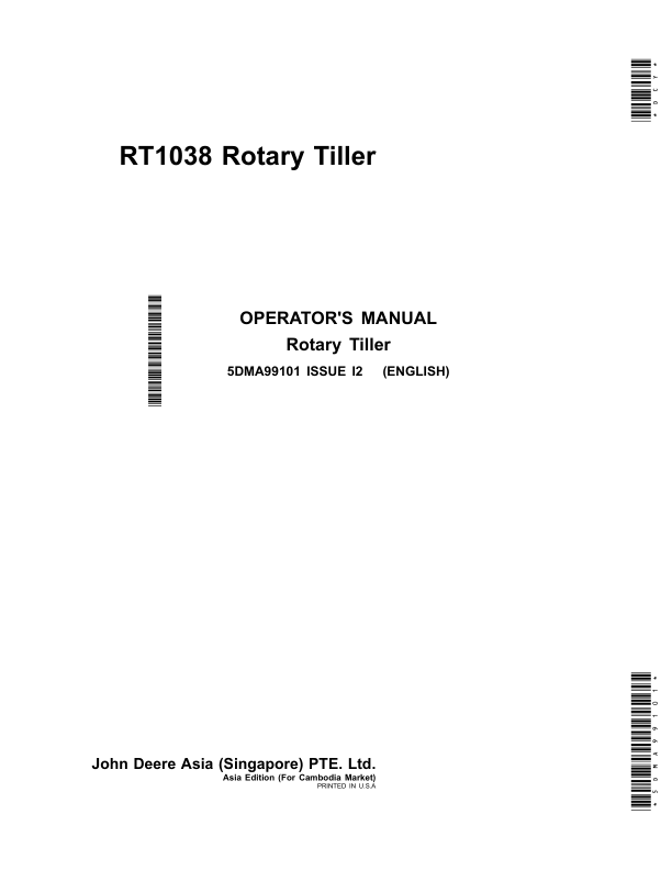 John Deere RT1038 Rotary Tiller (For Cambodia Market) Operator's Manual (5DMA99101)