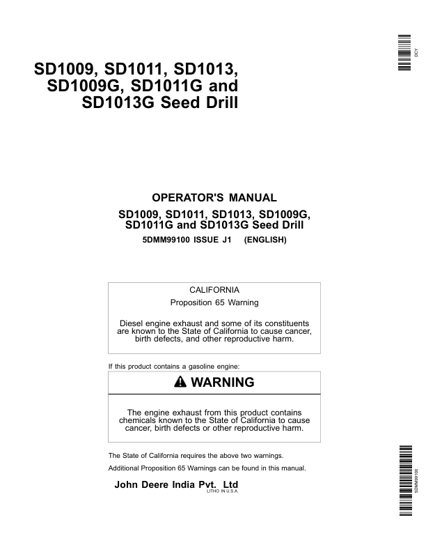 John Deere SD1009, SD1011, SD1013, SD1009G, SD1011G, SD1013G Seed Drill Operator's Manual (5DMM99100)