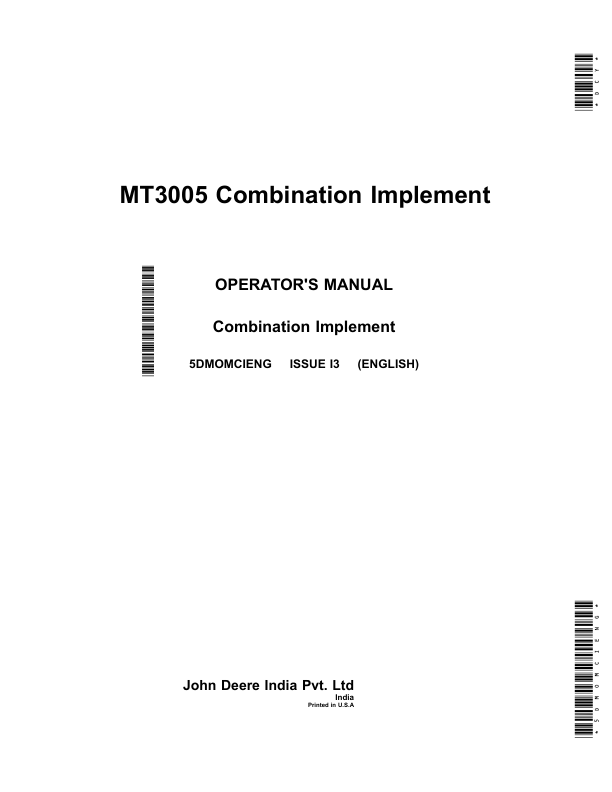 John Deere MT3005 Combination Implement (India) Operator's Manual (5DMOMCIENG)