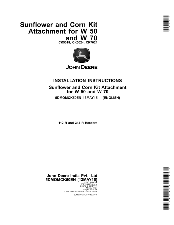 John Deere Sunflower & Corn Kit Attachmentfor W50 & W70 Combines Operator's Manual (5DMOMCK50EN)