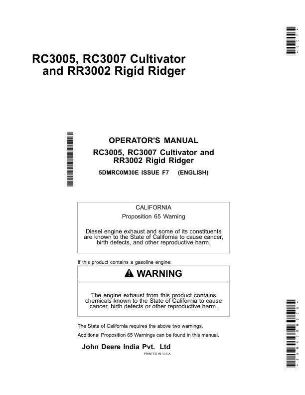 John Deere RC3005, RC3007 Cultivator & RR3002 RigidRidger Operator's Manual (5DMRC0M30E)