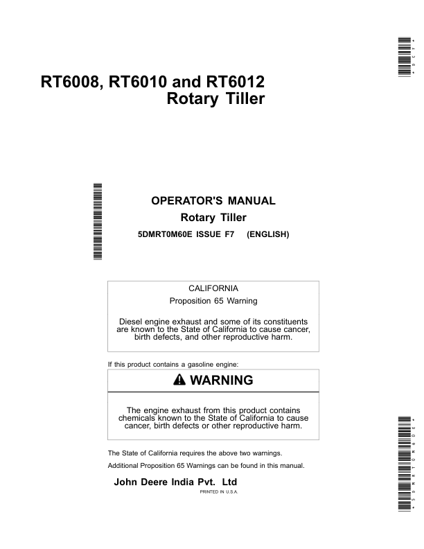 John Deere RT6008, RT6010 & RT6012 Rotary Tiller Operator's Manual (5DMRT0M60E)