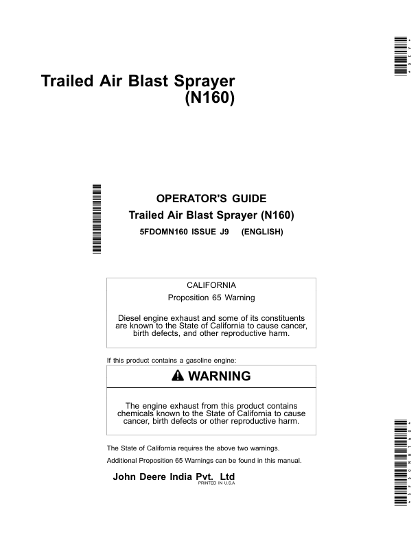 John Deere N160 Trailed Air Blast Sprayer Operator's Manual (5FDOMN160)