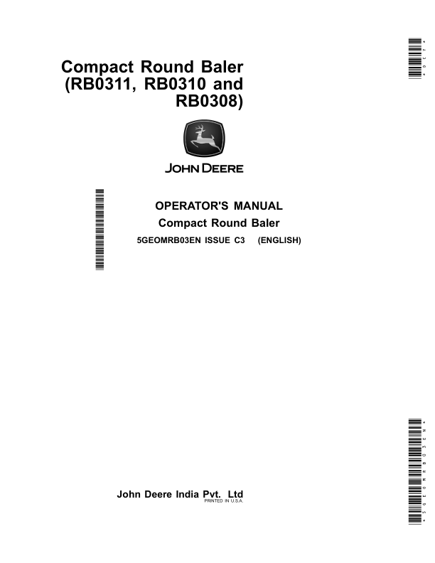 John Deere RB0311, RB0310, RB0308 Compact Round Baler Operator's Manual (5GEOMRB03EN)