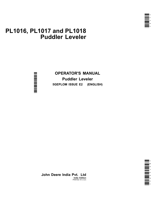 John Deere PL1016, PL1017, PL1018 Puddler Leveler (India) Operator's Manual (5GEPLOM)