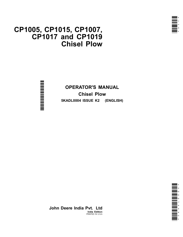 John Deere CP1005, CP1015, CP1007, CP1017, CP1019 Chisel Plow (India) Operator's Manual (5KADL0004)