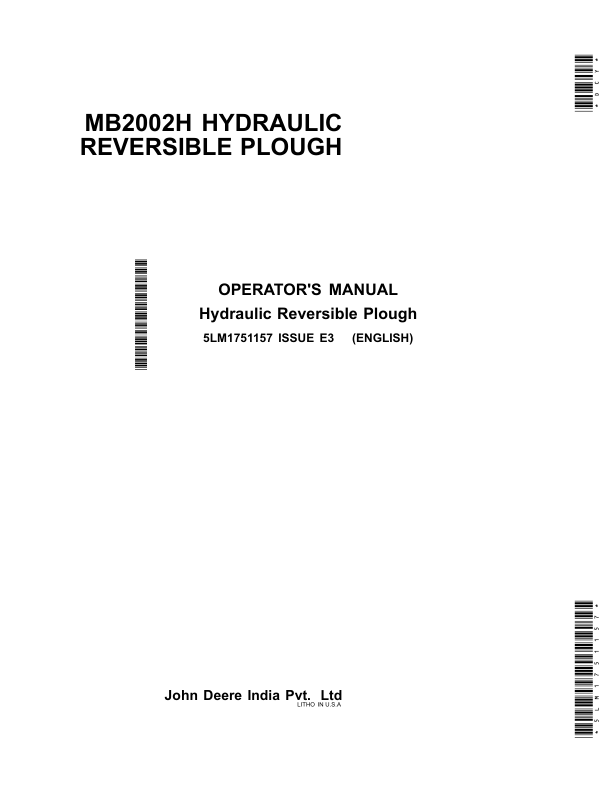 John Deere MB2002H Hydraulic Reversible Plough Operator's Manual (5LM1751157)