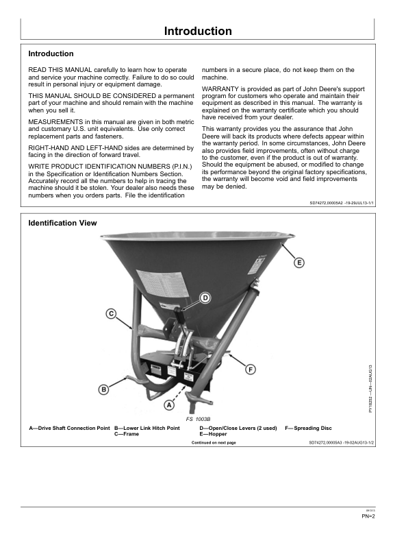 John Deere FS1003B, FS1005B Mounted Fertilizer Spreader Operator's Manual (5MHF07010871) - Image 2