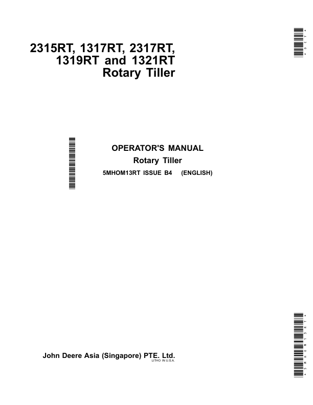 John Deere 2315RT, 1317RT, 2317RT, 1319RT, 1321RT Rotary Tiller Operator's Manual (5MHOM13RT)