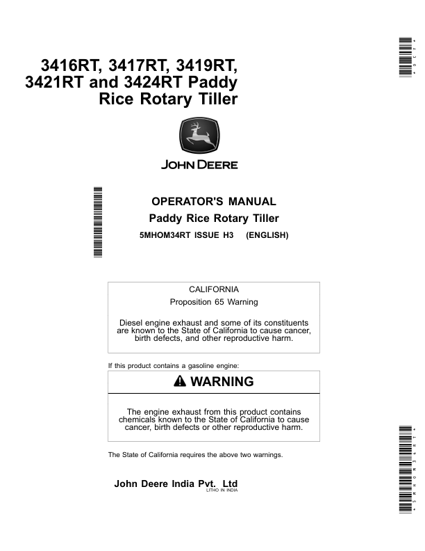 John Deere 3416RT, 3417RT, 3419RT, 3421RT, 3424RT Paddy Rice Rotary Tiller Operator's Manual (5MHOM34RT)