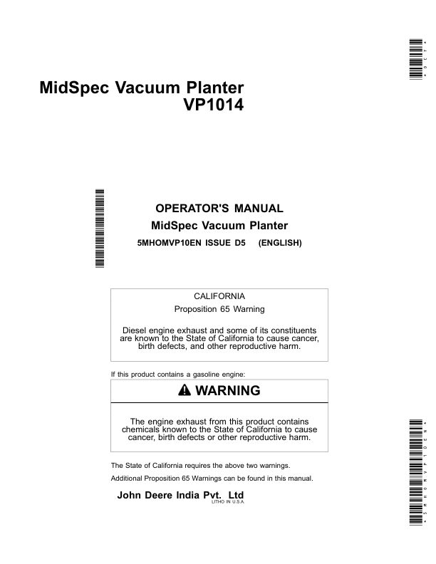 John Deere VP1014 MidSpec Vacuum Planters Operator's Manual (5MHOMVP10EN)
