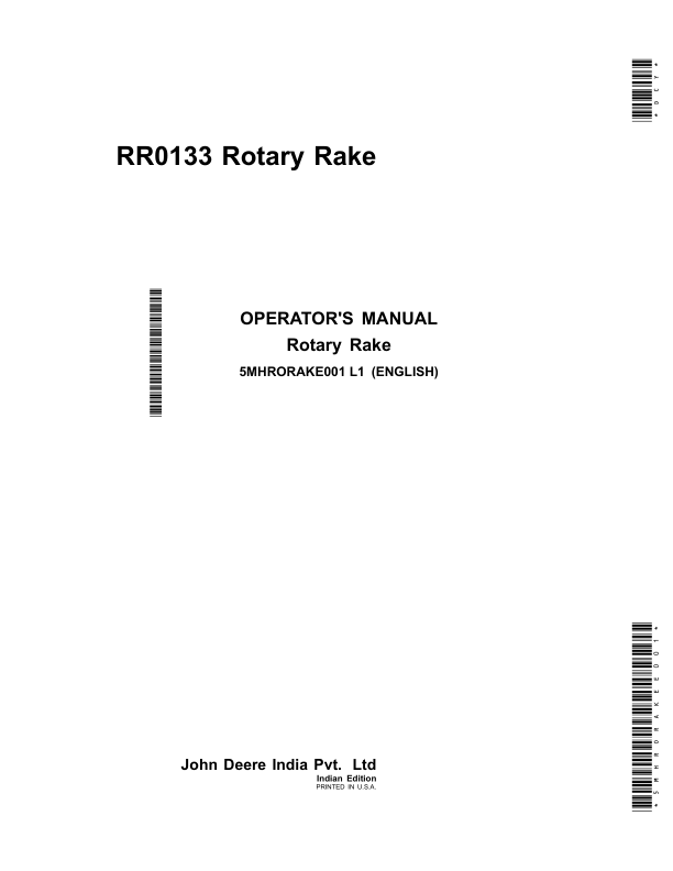 John Deere RR0133 Rotary Rake (India) Operator's Manual (5MHRORAKE001)