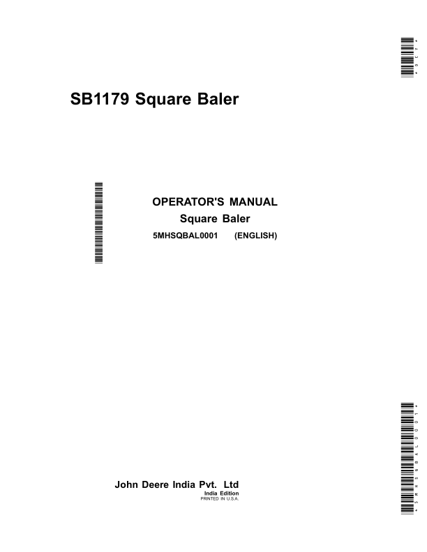 John Deere SB1179 Square Baler (India) Operator's Manual (5MHSQBAL0001)