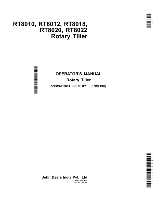 John Deere RT8010, RT8012, RT8018, RT8020, RT8022 Rotary Tiller (India) Operator's Manual (5NSOM30001)