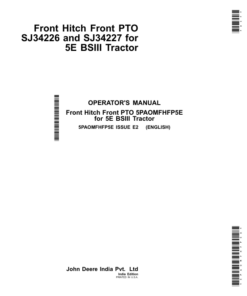 John Deere FH5005, FH5006 Front Hitch Front PTO SJ34226, SJ34227 for 5E BSIII Tractor (India) Operator's Manual (5PAOMFHFP5E)