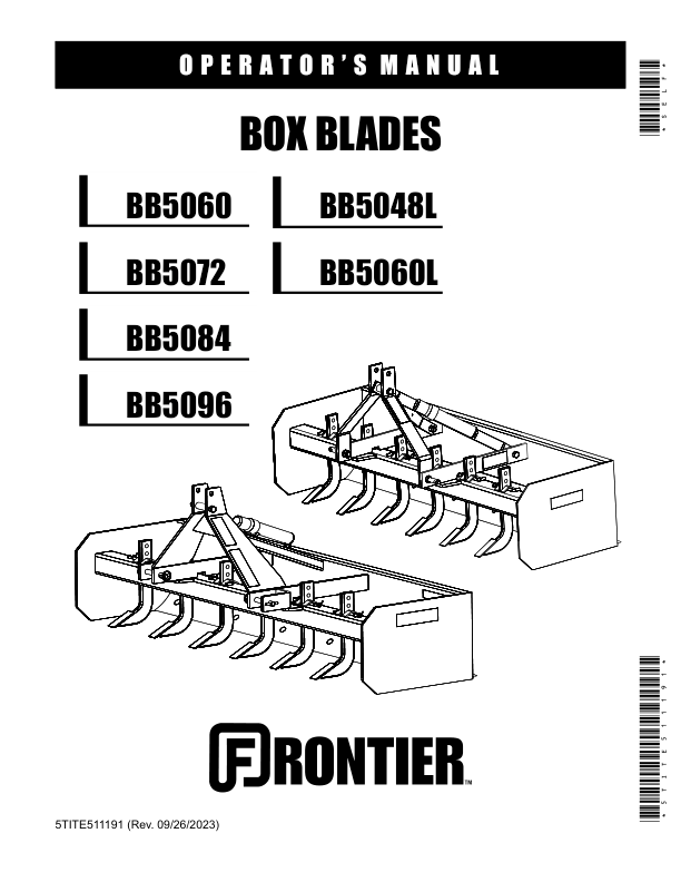 John Deere Frontier Box Blades BB5048L, BB5060, BB5060L, BB5072, BB5084, BB5096 Operator's Manual (5TITE511191)
