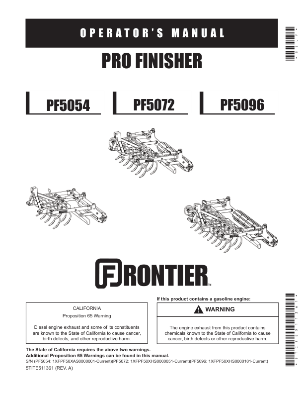 John Deere PF5054, PF5072, PF5096 Pro Finisher Operator's Manual (5TITE511361)