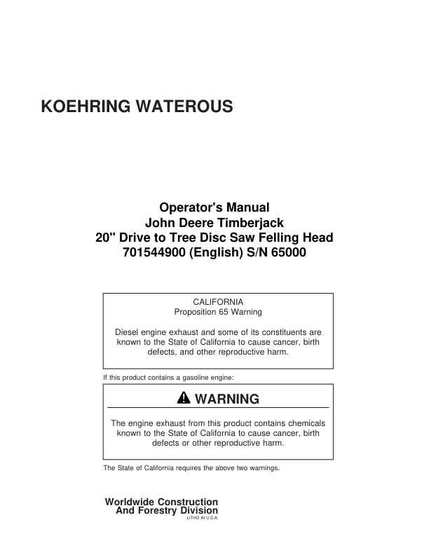 John Deere 20 INCH Dtt Disc Saw Felling Heads Operator's Manuals (701544900)