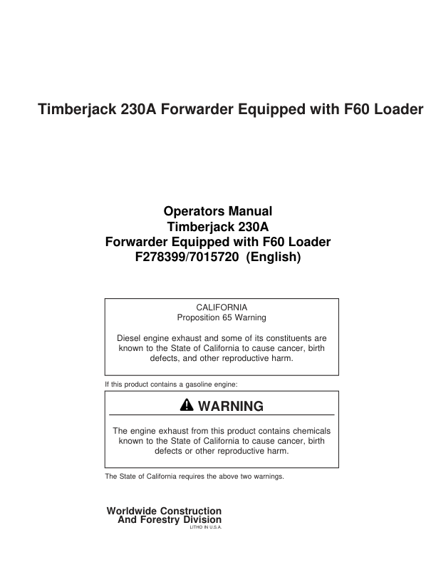 John Deere 230 Forwarders Operator's Manuals (7015720)