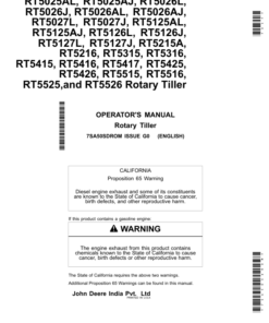 John Deere RT5025AL, RT5025AJ, RT5026L, RT5026J, RT5026AL, RT5026AJ, RT5027L, RT5027J, RT5125AL, RT5125AJ, RT5126L, RT5126J, RT5127L, RT5127J, RT5215A, RT5216, RT5315, RT5316, RT5415, RT5416, RT5417, RT5425, RT5426, RT5515, RT5516, RT5525, RT5526 Rotary Tiller Operator's Manual (7SA50SDROM)