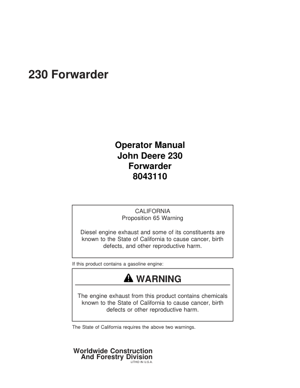 John Deere 230 Forwarders Operator's Manuals (8043110)
