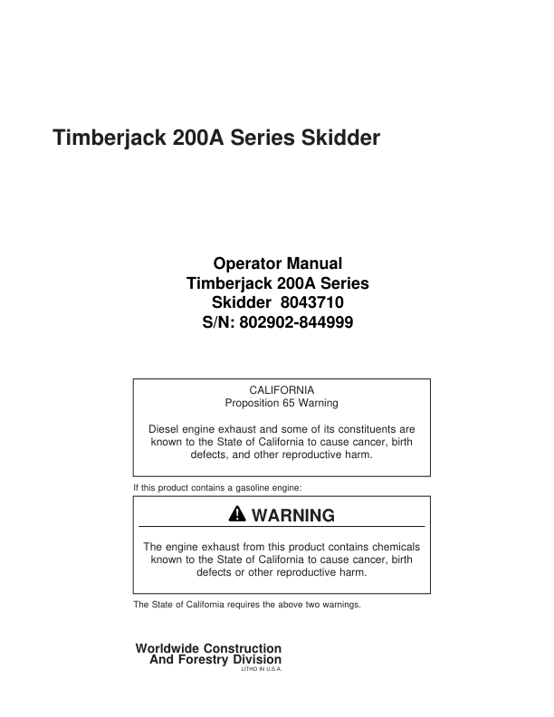 John Deere 200A Skidders Operator's Manuals (8043710)