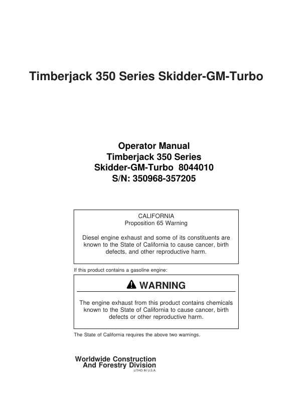 John Deere 350 Skidders Operator's Manuals (8044010)