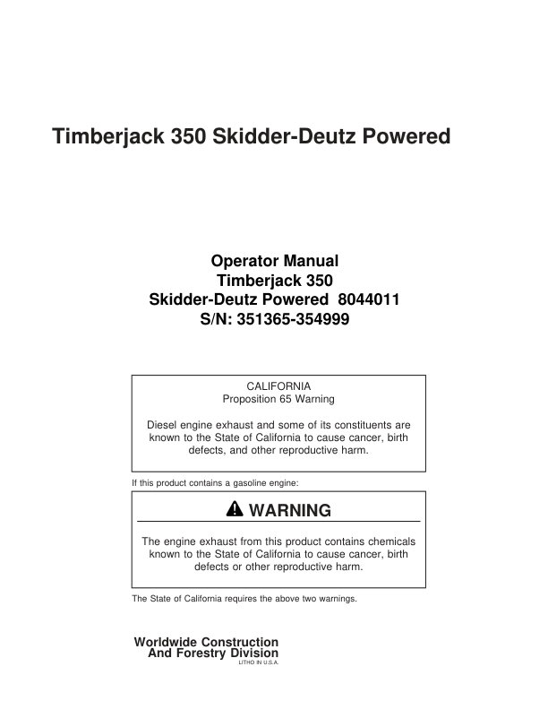 John Deere 350 Skidders Operator's Manuals (8044011)