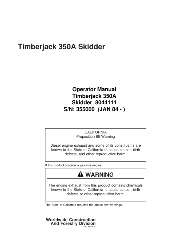 John Deere 350 Skidders Operator's Manuals (8044111)