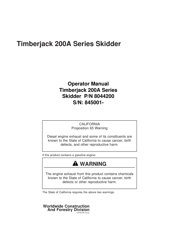 John Deere 200A, 225A, 230A, 240A Skidders Operator's Manuals (8044200)