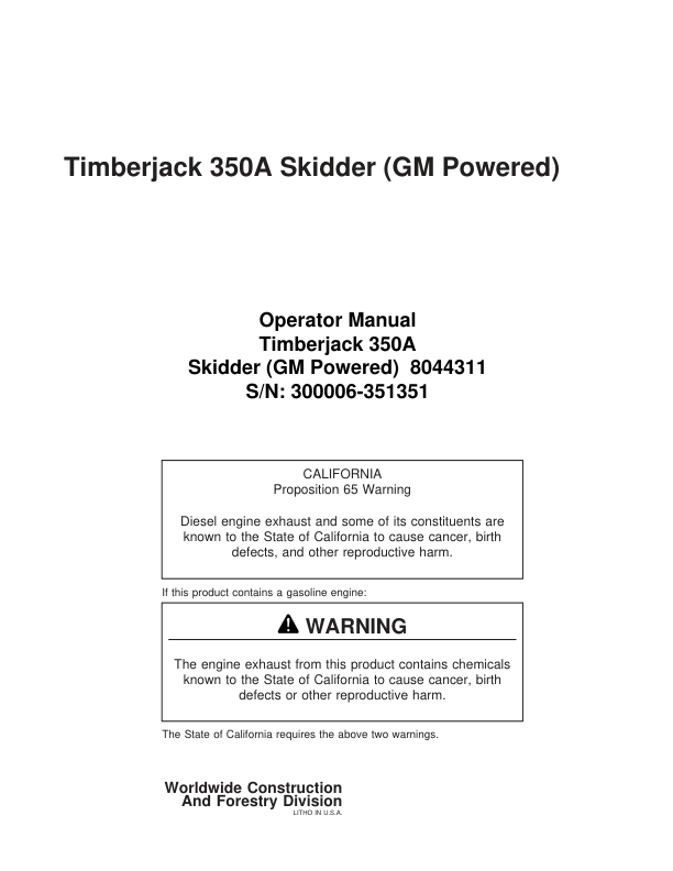 John Deere 350 Skidders Operator's Manuals (8044311)