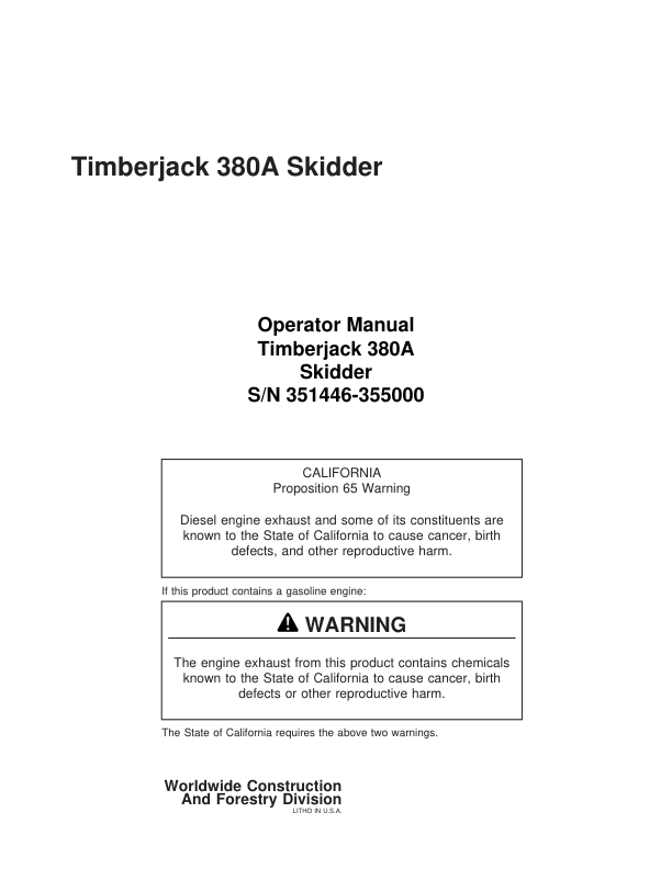 John Deere 380A Skidders Operator's Manuals (8044511)