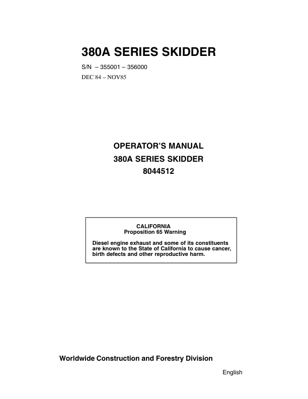 John Deere 380A Skidders Operator's Manuals (8044512)