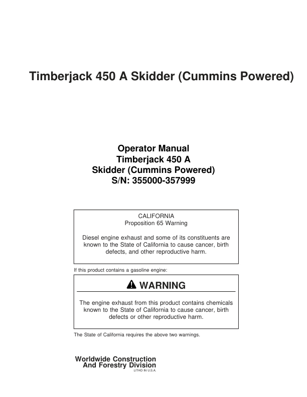 John Deere 450A Skidders Operator's Manuals (8044610)