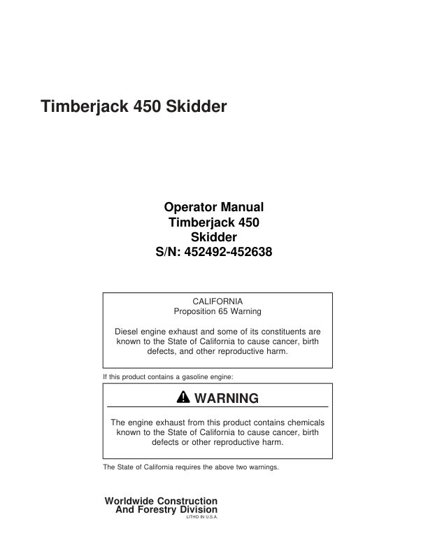John Deere 450A Skidders Operator's Manuals (8044710)