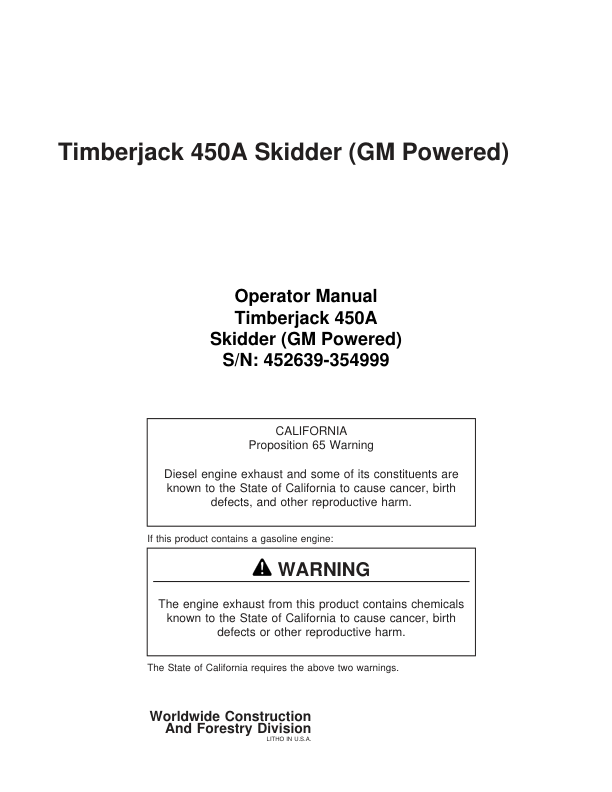 John Deere 450A Skidders Operator's Manuals (8044711)