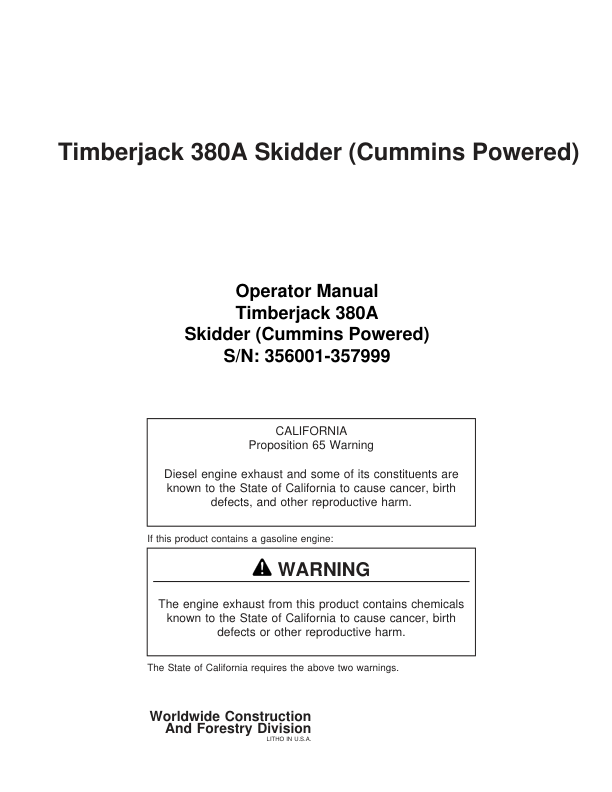 John Deere 380A Skidders Operator's Manuals (8044811)