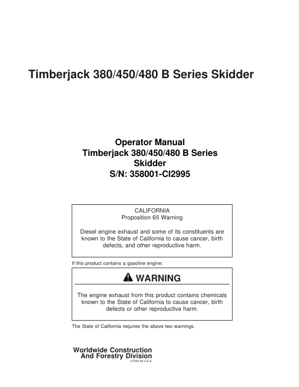 John Deere 380B, 450B, 480B Skidders Operator's Manuals (8044812)