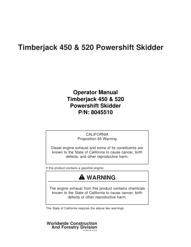 John Deere 450, 520 Skidders Operator's Manuals (8045510)